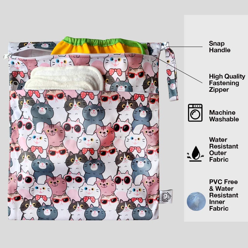 FLOCK THREE 4pcs Waterproof and Reusable Wet Bag Diaper Stroller Water Resistant Swimsuit Travel Toiletries Yoga Gym Washable Carrier Small Medium Large Cat 4 Pack - Image 3
